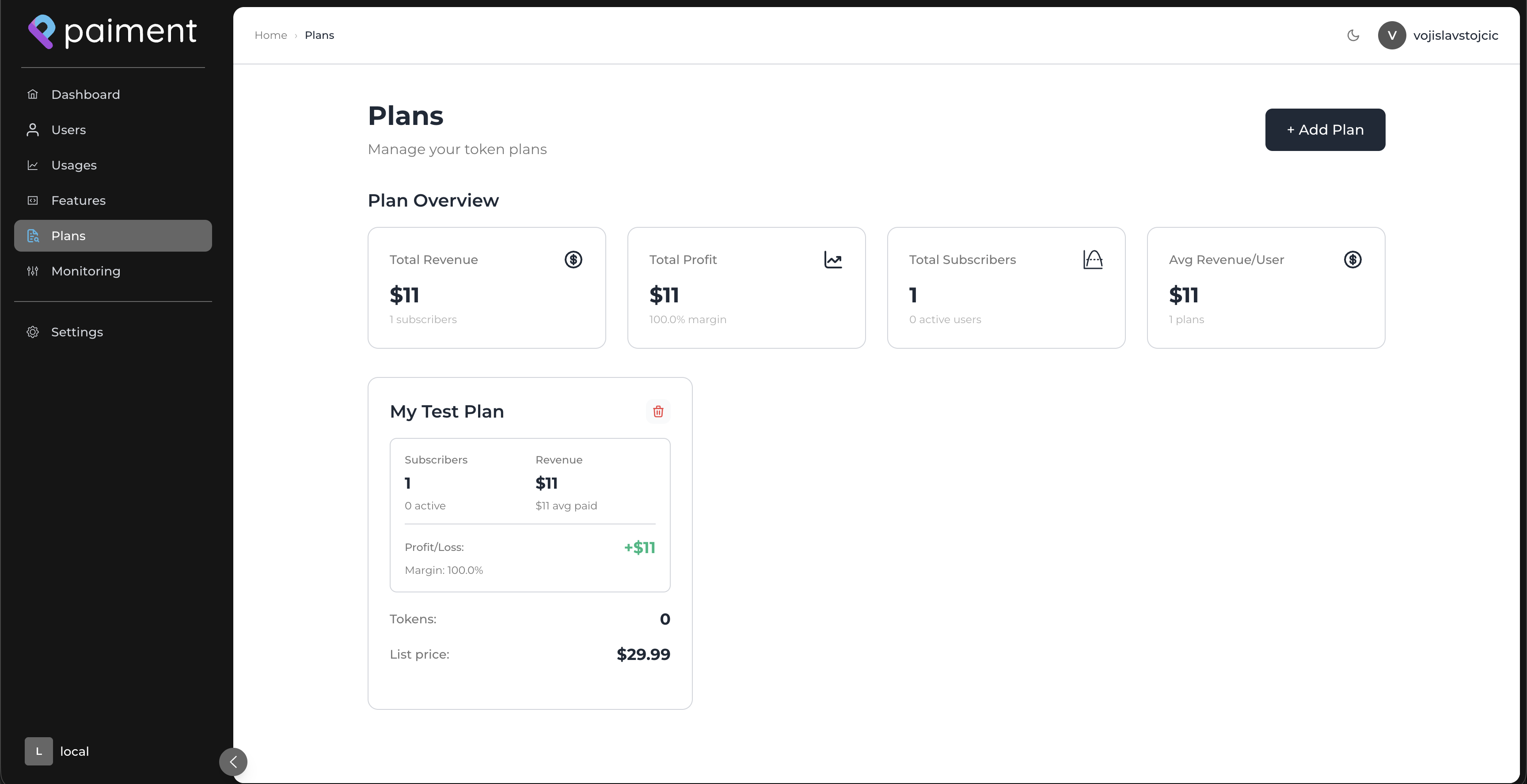 paiment customer margin dashboard